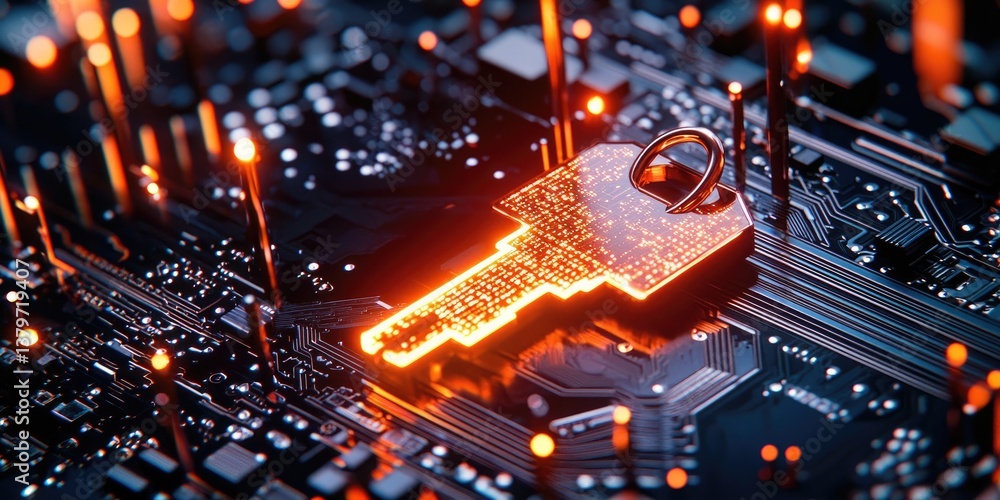 Poster a digital key, its surface pulsating with an ethereal glow, rests on a dark, intricate circuit board