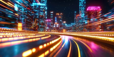 Obraz premium A breathtaking night view from an elevated vantage point, revealing a mesmerizing futuristic cityscape. A shimmering, swirling warp effect tunnels through the urban land
