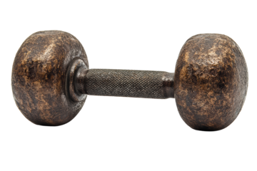 Vintage dumbbell with textured grip on a white isolated background.