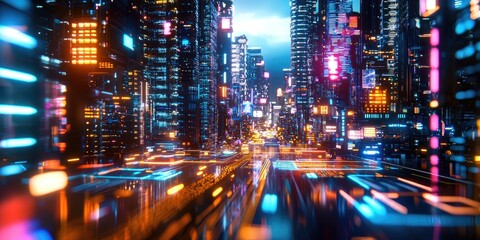 Obraz premium A futuristic cityscape, where digital transactions flowed seamlessly between interconnected nodes, represented the blockchain and cryptocurrency concept, a decentralized