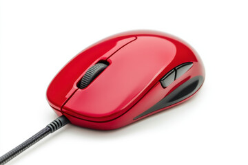 Red Computer Mouse with Cable on White Background