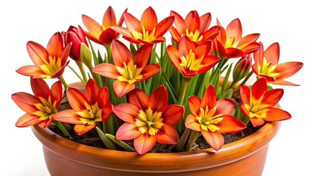 Macro Photography: Sparaxis Bulbs in Pot, Close-up White Background, Flower Bulbs, Spring Flowers, Blooming Bulbs