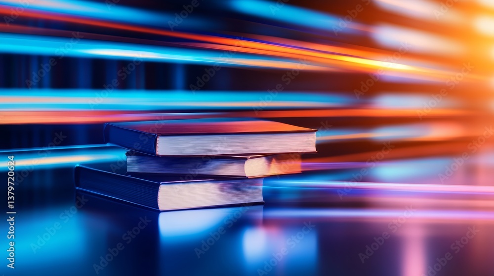 Poster stacked books with vibrant light trails in a modern, abstract setting emphasizing knowledge