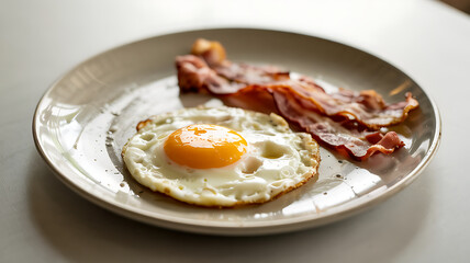 Classic Breakfast: Scrambled Eggs and Crispy Bacon – Traditional Morning Meal on a Plate