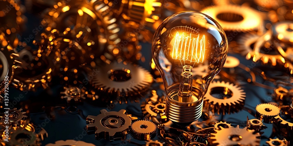 Aufkleber A brilliant lightbulb, its filament glowing, is surrounded by intricate cogs and gears, symbolizing the intricate process of ideation and development that drives innovati