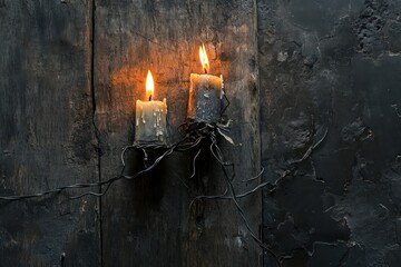 Burning Candles on Rustic Wood Wall Creating an Atmospheric Mood