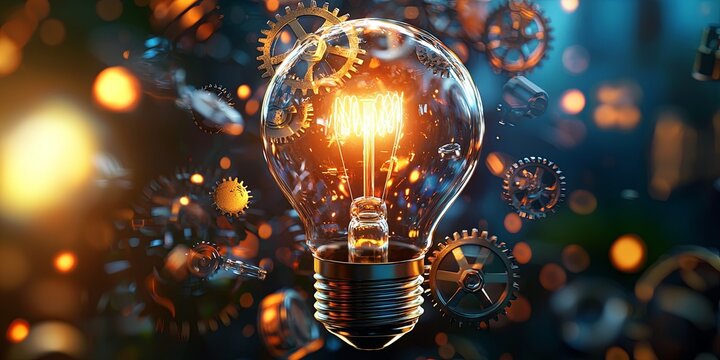A brilliant lightbulb, its filament glowing, is surrounded by intricate cogs and gears, symbolizing the intricate process of ideation and development that drives innovati