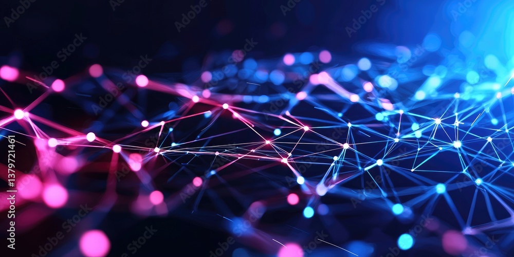 Poster A dynamic network of interconnected, pixelated polygons forming a vibrant plexus, symbolizing the intricate flow and interconnectedness of digital data, presented in a sl