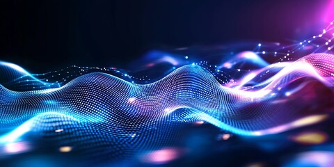 Fototapeta premium A dynamic, futuristic wave pattern, pulsating with an ethereal glow, stretches across a dark blue canvas, evoking the essence of technology, motion, and innovation. Perfe
