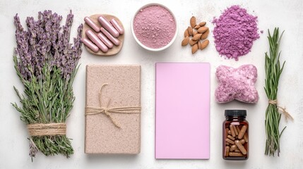 Lavender wellness products home decorative arrangement neutral palette top view natural relaxation