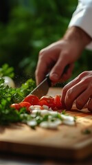 A chef is carefully chopping vegetables on a wooden cutting board