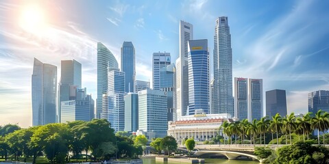 Obraz premium Modern City Skyline: Skyscrapers, Architecture, Urban Landscape, River, Green Spaces, Sunny Day, Lush Greenery, Tranquil Scene, Vibrant Metropolis, Breathtaking View, Stunning Panorama, Cityscape, Urb