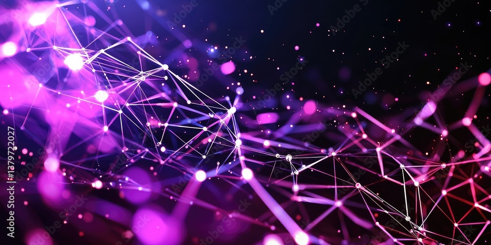Poster A dynamic network of interconnected, pixelated polygons forming a vibrant plexus, symbolizing the intricate flow and interconnectedness of digital data, presented in a sl