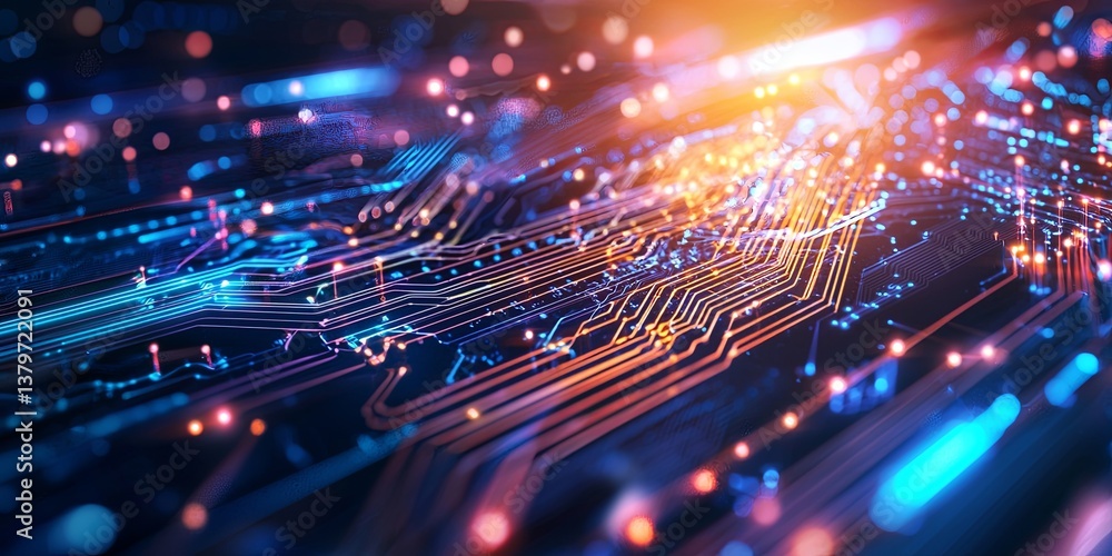 Poster A dynamic, futuristic pattern of swirling, iridescent colors, reminiscent of a digital circuit board, pulsating with a subtle energy, forming a backdrop for a technologic
