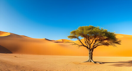 Ancient Argan Tree in the Moroccan Desert with Golden Sand Dunes