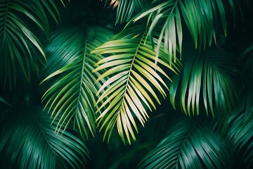 Lush emerald palm fronds creating a vibrant, tropical haven with deep shadows and saturated greens.