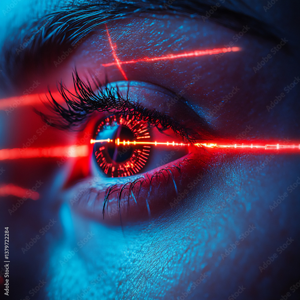 Poster biometric security scan: a close-up of a person's eye being scanned by a digital lock, symbolizing b