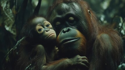 Fototapeta premium Orangutan Mother and Baby in Rainforest Embrace. Generative AI