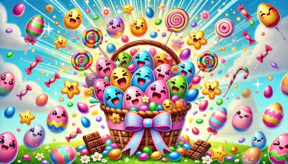 Cartoon basket filled with colorful Easter eggs. Easter celebration.