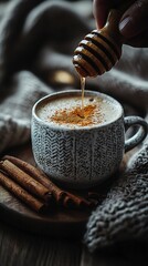 Honey being drizzled into a cup of warm spiced beverage