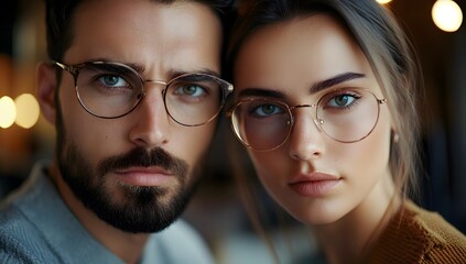 Man and woman wearing eyeglasses close up portrait with blurred background.