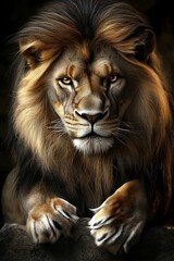 Fototapeta premium Profound portrait showcasing the regal presence of a lion in shadows.
