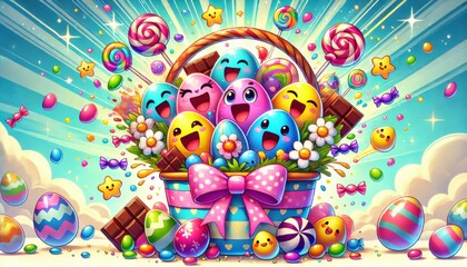 Fototapeta premium Cartoon basket filled with colorful Easter eggs. Easter celebration.