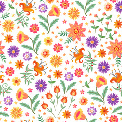 Seamless floral embroidered pattern with garden flowers on white background.