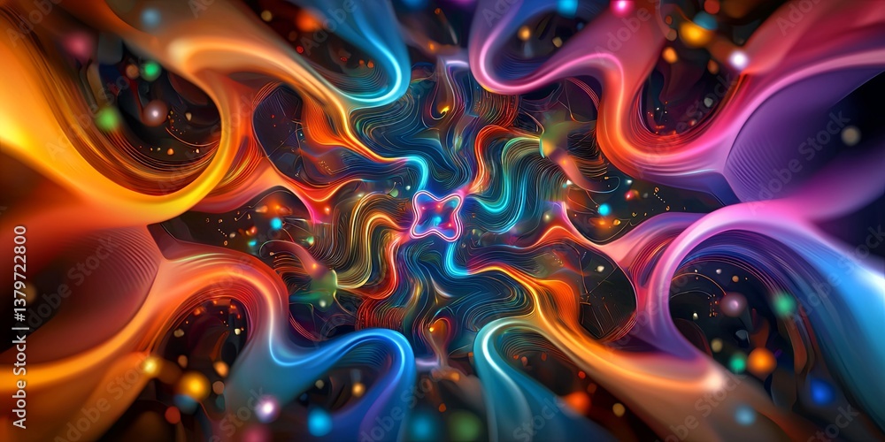 Poster A dynamic, futuristic pattern of swirling, iridescent colors, reminiscent of a digital circuit board, pulsating with a subtle energy, forming a backdrop for a technologic