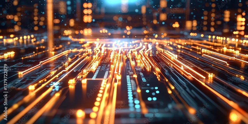 Poster a sleek, futuristic circuit board pulsates, its nodes glowing like binary code, forming a stylized b