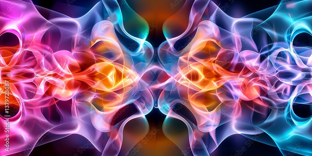 Poster A dynamic, futuristic pattern of swirling, iridescent colors, reminiscent of a digital circuit board, pulsating with a subtle energy, forming a backdrop for a technologic