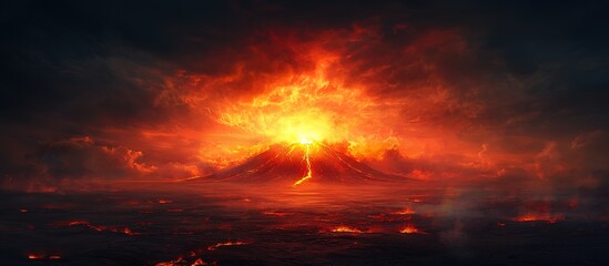 A volcanic eruption with glowing red lava and fiery clouds