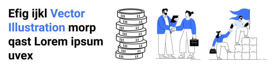 Stack of coins, business handshake, and team cooperation symbols. Ideal for finance, teamwork, business growth, investments, partnerships, strategy planning simple landing page