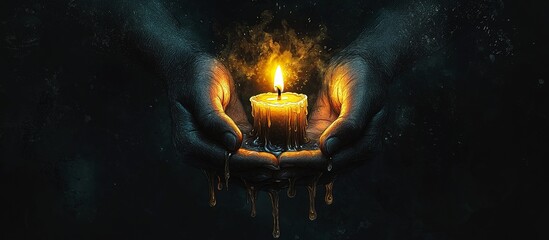 Two hands are carefully holding a burning candle in darkness