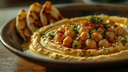 A delicious hummus dish with warm pita bread ready to eat