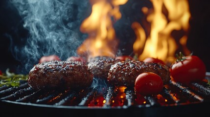 Close up view of grilled burgers and fresh tomatoes