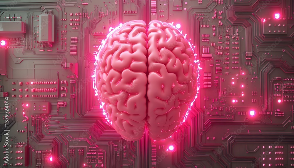 Poster 3d concept of a brain connected to a glowing ai circuit board, representing artificial intelligence 