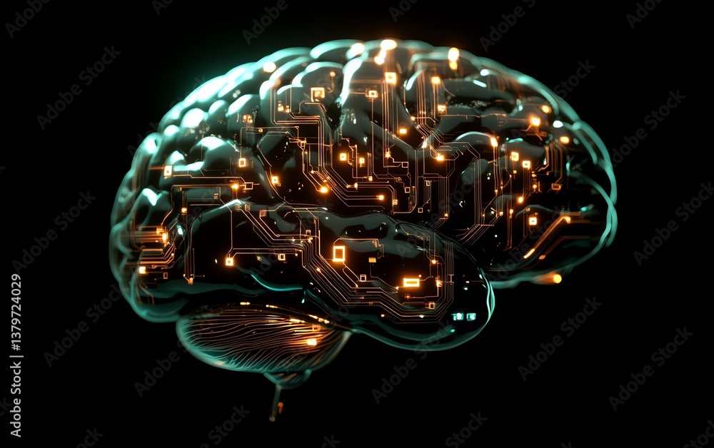 Poster advanced 3d brain technology with ai circuits, glowing digital pathways, and neural networks, repres