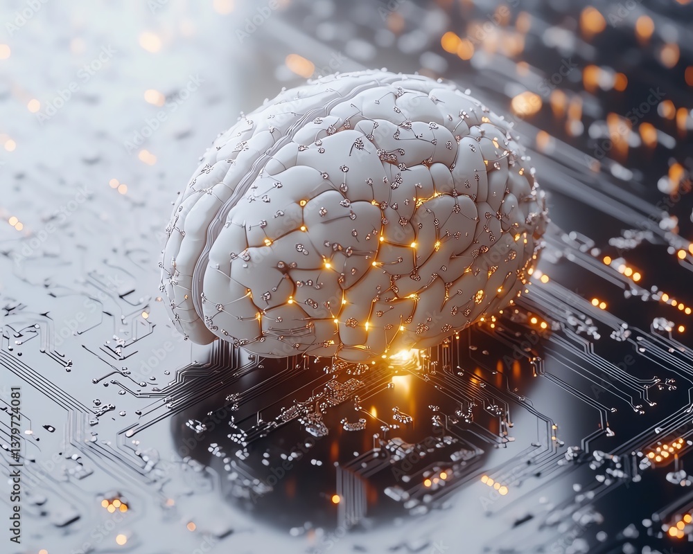 Poster brain with digital neural connections, immersed in a 3d ai circuit, representing machine learning an