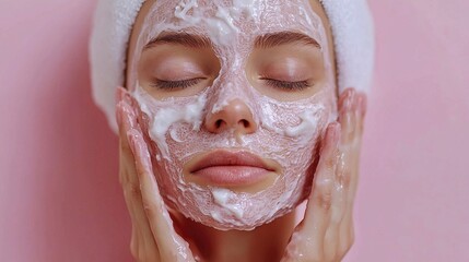 A woman applies a facial mask in a beauty care routine