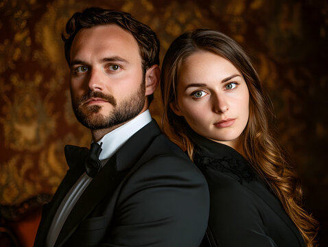 A Victorian portrait photographer taking formal portraits of a couple in front of a velvet backdrop with antique furniture.

