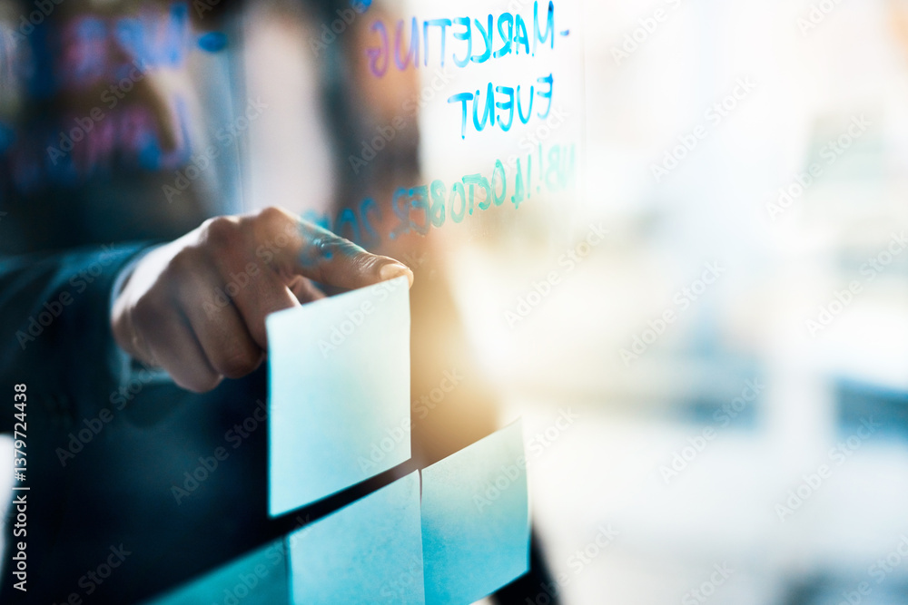 Aufkleber Office, pointing and glass wall for sticky note, planning and erp notes with report. Businessman, hand and feedback for strategy, schedule and task for brainstorming or b2b project management