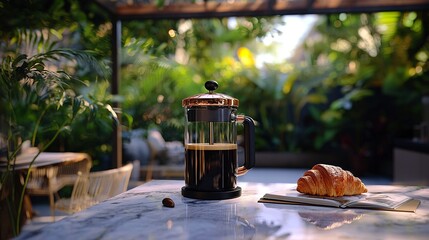 Freshly Brewed Coffee And Croissant On A Marble Tabletop