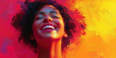 Joyful young woman with vibrant hair, celebrating in a colorful setting, perfect for themes of happiness and positivity.
