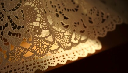 close up of a lace curtain with a light shining on it