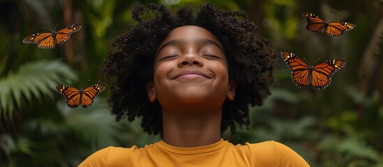 A happy young person is surrounded by beautiful butterflies in nature