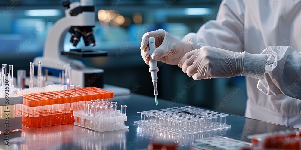 Aufkleber A scientist in pristine white gloves carefully manipulates a pipette, its delicate tip drawing a drop of clear liquid from a sterile test tube and transferring it to a de