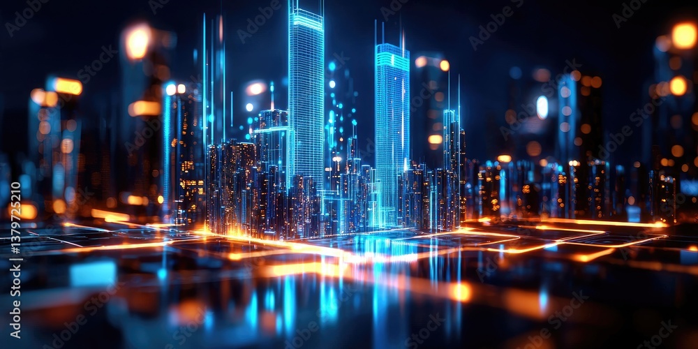 Leinwandbilder a sleek, low-polygon cityscape of glowing blue, its intricate network of interconnected nodes formin