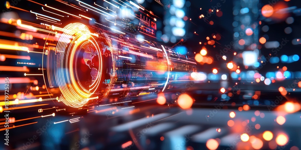 Poster A futuristic digital interface, pulsating with vibrant energy. Holographic elements of a digital data chart, communication lines, and computing icons illuminate the scene