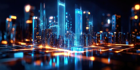 Obraz premium A sleek, low-polygon cityscape of glowing blue, its intricate network of interconnected nodes forming a futuristic representation of blockchain technology, set against a